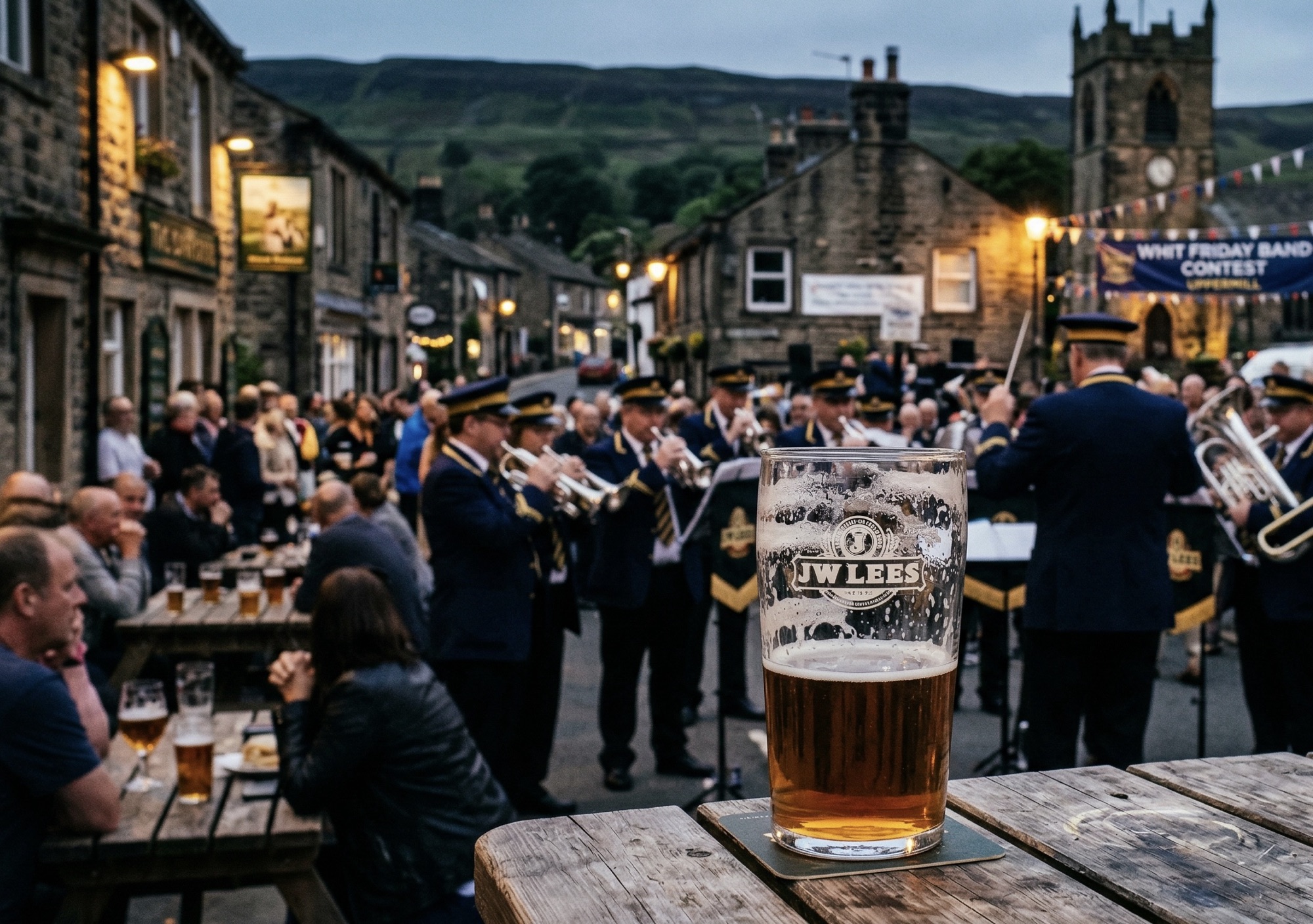 A brass band playing in Uppermill on Whit Friday evening, with a pint in the foreground
