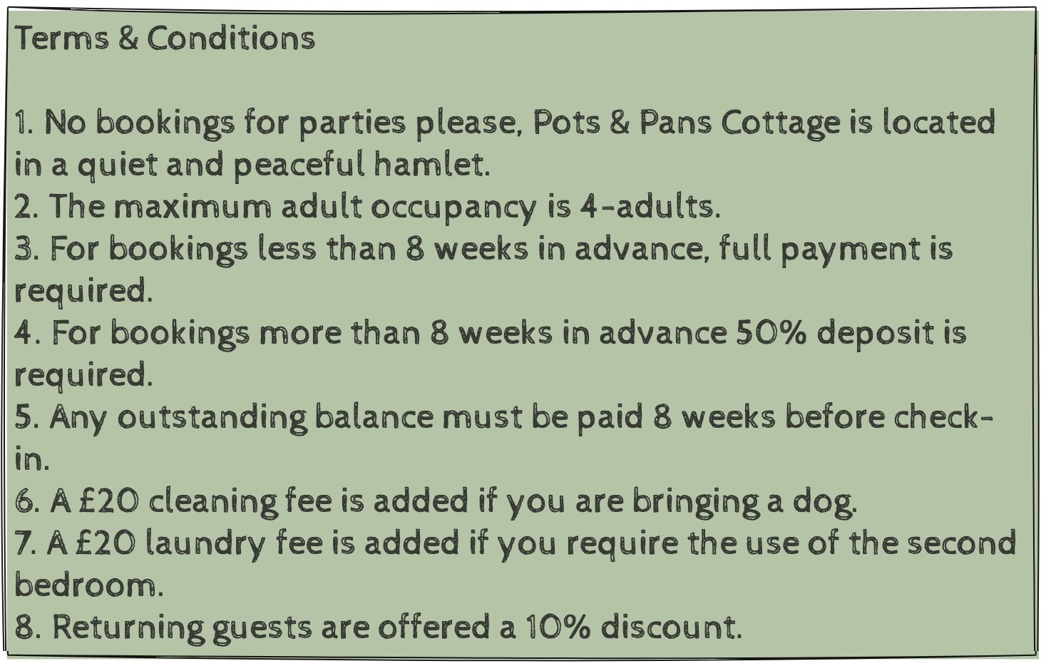 Pots & Pans Cottage booking terms summary